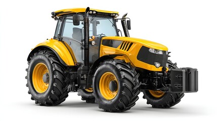 Naklejka premium Modern agricultural machine with a bright yellow chassis sits isolated on a white background