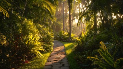 Naklejka premium Lush tropical garden pathway illuminated by bright morning sunlight filtering through dense foliage