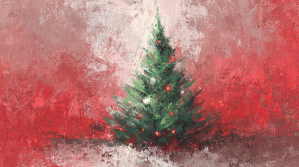 Abstract painted Christmas tree with red and white textured background, artistic holiday illustration for greeting or poster