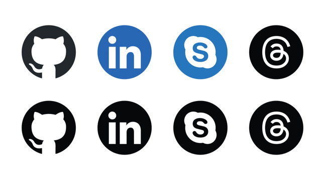 github, linkedin, skype, threads social media logo icon set colorful black circle vector design
