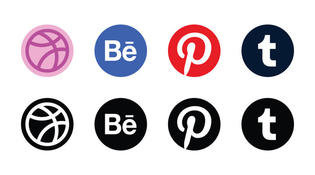 dribbble, behance, pinterest, tumblr social media logo icon set colorful black circle vector design