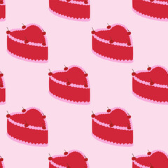 Seamless vintage pattern with heart shaped cakes with cherries on pink background.