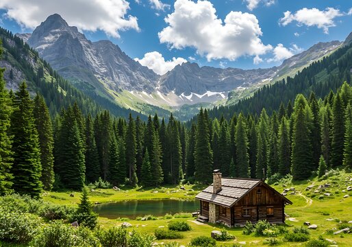 Idyllic Mountain Cabin Retreat in a Lush Forest Landscape. - Powered by Adobe
