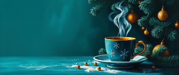 Painting of a steaming deep teal cup with snowflakes decor beside a decorated Christmas tree, against a teal background with copy space for text  