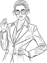 Confident businesswoman in stylish suit, modern sunglasses, professional fashion portrait, elegant corporate style, leadership concept, contemporary illustration, blue line art