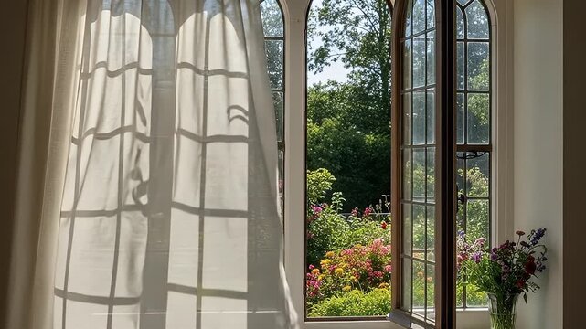 Soft curtains billow gently in a breeze near an open window, with sunlight and flowers