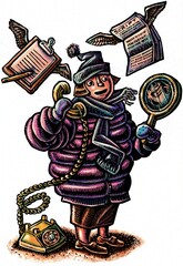 woman in winter coat and hat on telephone with flying documents