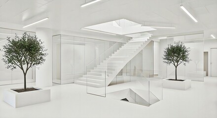 Obraz premium Modern White Interior Lobby with Elegant Staircase and Green Trees