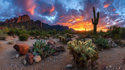 Dramatic Desert Sunset Landscape with Saguaro Cactus