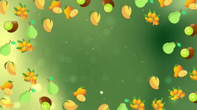 Colorful seamless tropical fruits pattern with mango, kiwi, pear, and orange berries on a green background. Ideal for packaging, wallpapers, fabric prints, and summer-themed visuals.