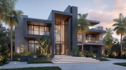 Elegant Modern Minimalist House Exterior at Dusk