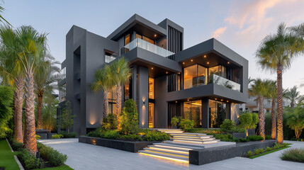 Elegant Modern Minimalist House Exterior at Dusk