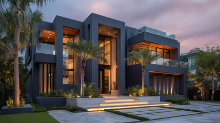 Elegant Modern Minimalist House Exterior at Dusk