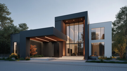 Elegant Modern Minimalist House Exterior at Dusk