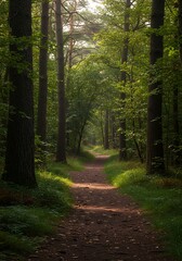 Fototapeta premium Sunlit Path Winding Through a Lush Green Forest Canopy.