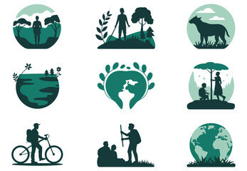 Collection of nature and outdoor activity icons simple vector glyphs for environmental awareness campaigns isolated on white background