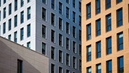 Modern architecture with high rise buildings in the city with many windows and different facade colors