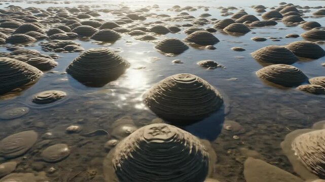 Low angle shot of a shallow body of water with numerous, textured, cone-shaped landforms
