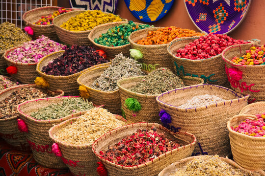 A spice stand outside a shop in Marrakech. Morocco	