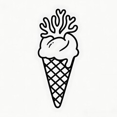 Flat black and white line illustration of a ice cream cone with coral-shaped topping