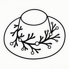 Flat black and white line illustration of a sun hat decorated with coral branches and pearls