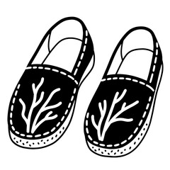 Flat black and white line illustration of a pair of espadrille shoes with seaweed stitching