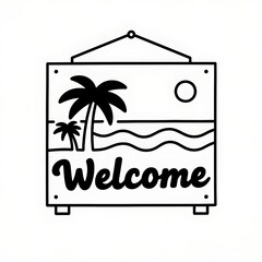 Flat black and white line illustration of a beach-inspired welcome signboard