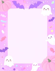 Cute pastel Halloween border with ghosts and pumpkins in dreamy pink tones