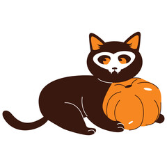 Brown Cat With Orange Accents Holding A Pumpkin With A Transparent Background In A Flat Design Style