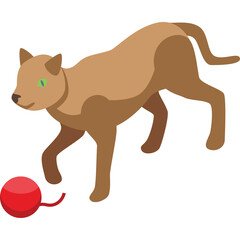 Brown Cat With Green Eyes Playing With A Red Ball On A White Background Full Body Isometric View