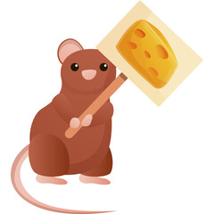 Brown cartoon mouse character holding a piece of yellow cheese on a stick on a white background