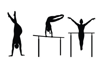 Gymnasts performing various athletic poses on bars and in handstand