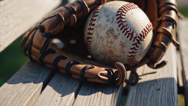 Close-up shot of a baseball and glove on a wooden bench, captured at a low angle. Ideal for sports-themed video content with a nostalgic feel.