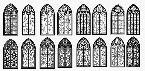 A collection of gothic arched windows with intricate designs and patterns.