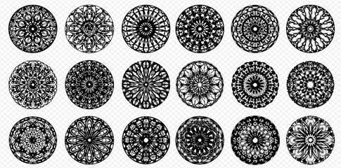 A collection of intricate circular designs, resembling mandalas, in black and white.