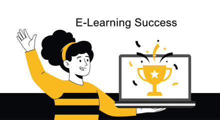 Smiling student holding laptop with trophy on screen celebrating elearning success in modern classroom, symbolizing achievement and academic excellence.