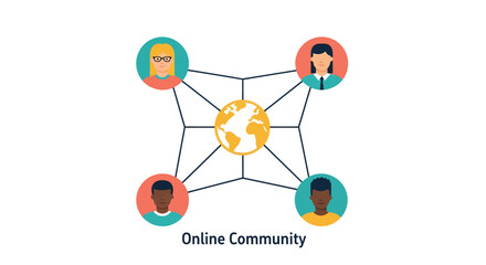 Diverse group of people connected to a globe representing an online community, symbolizing global communication and collaboration in a modern digital world.