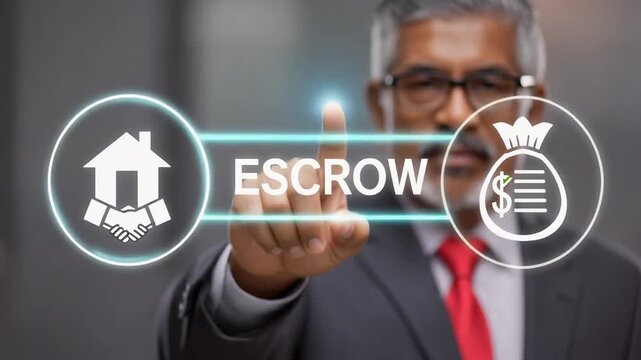 Business person using virtual touch screen presses the word ESCROW. Concept of in escrow agreement. Escrow Account Business Deal. 4k video