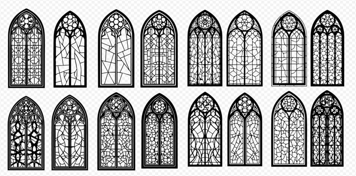 A collection of gothic arched windows with intricate designs and patterns.