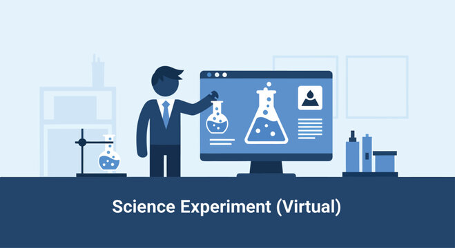 Scientist presenting virtual science experiment on computer screen in laboratory, showcasing online education and remote learning during the day.
