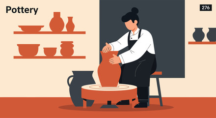 Woman shapes clay on pottery wheel in studio creating vase with focus and skill, showcasing artistic expression and traditional craft.