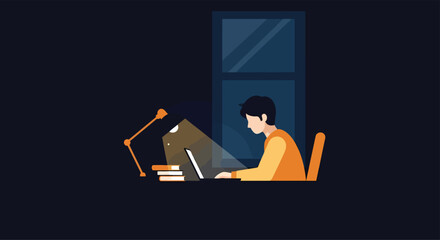 Young man working on laptop at desk in dark room at night, illuminated by lamp, creating a focused and productive atmosphere.