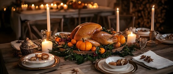Fototapeta premium Thanksgiving dinner table, turkey.
