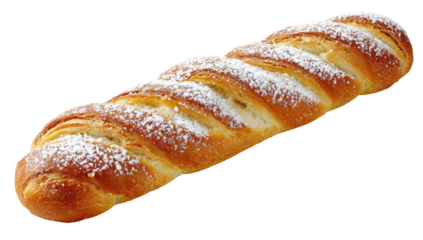 A golden, braided loaf of bread dusted with powdered sugar on a black background