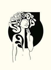 Minimalist Abstract Line Art of a Woman with Floral Hair