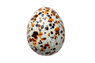 A speckled egg with brown and black spots against a stark, black background