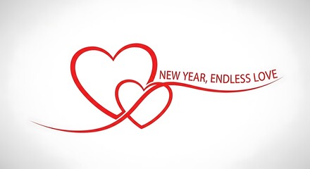Intertwined Red Hearts with New Year, Endless Love Text on White Background.