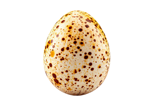 A speckled egg with a cream-colored base and dark brown spots against a black background