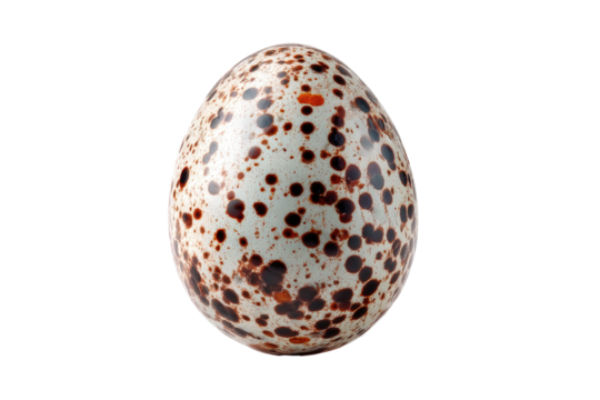 A speckled egg against a stark black background. The egg is oval shaped with brown speckles