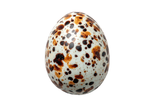 A speckled egg with brown and black spots against a stark, black background - Powered by Adobe